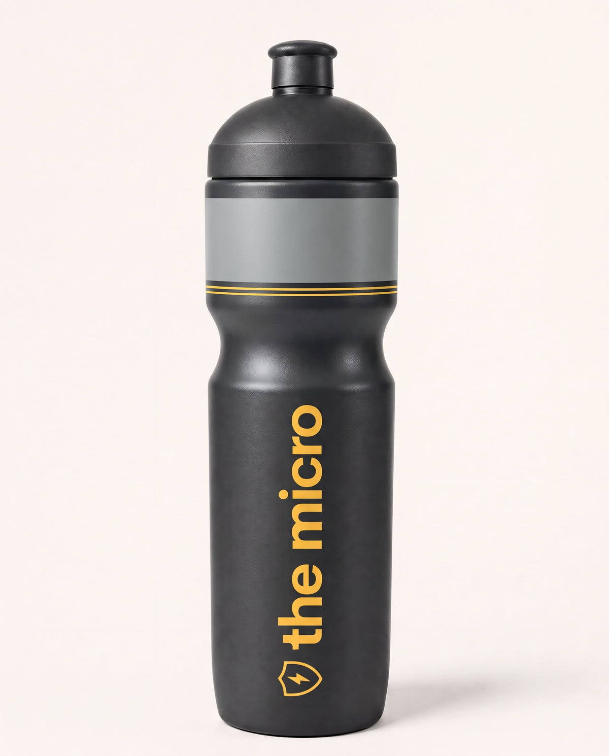 The Micro 400ml slim race water bottle, charcoal with gray band and yellow logo