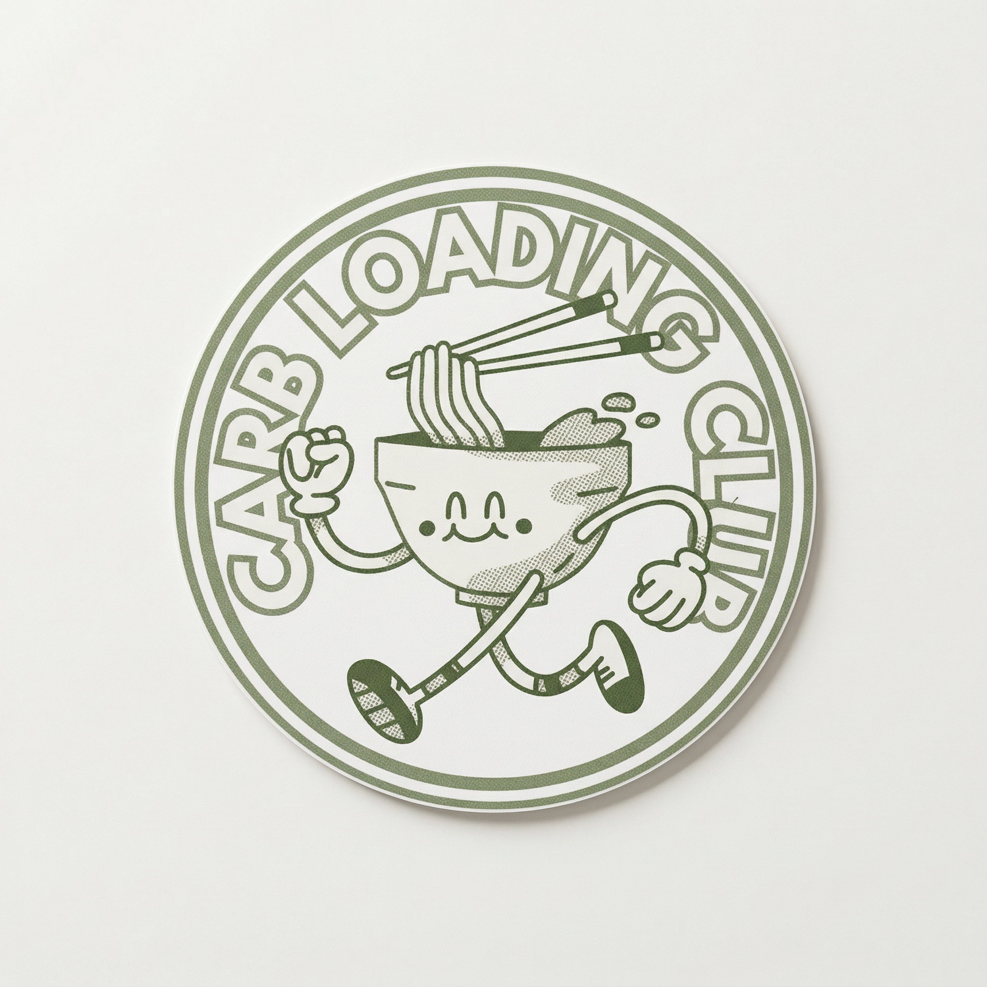 Circular logo with cartoon character holding a bowl and chopsticks, labeled 'Carb Loading Club' on a light gray background.