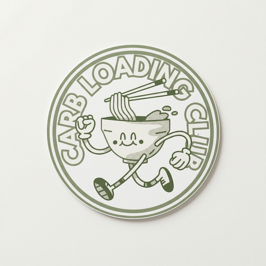 Circular logo with cartoon character holding a bowl and chopsticks, labeled 'Carb Loading Club' on a light gray background.