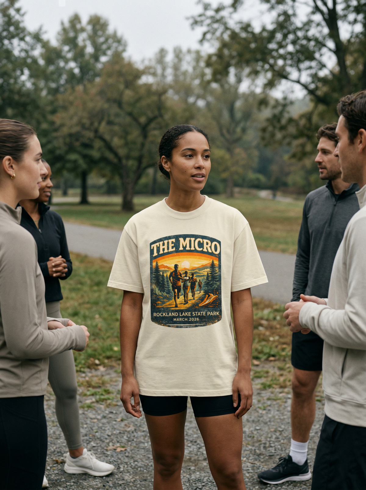 Woman wearing a 'The Micro' t-shirt in a park setting with friends.