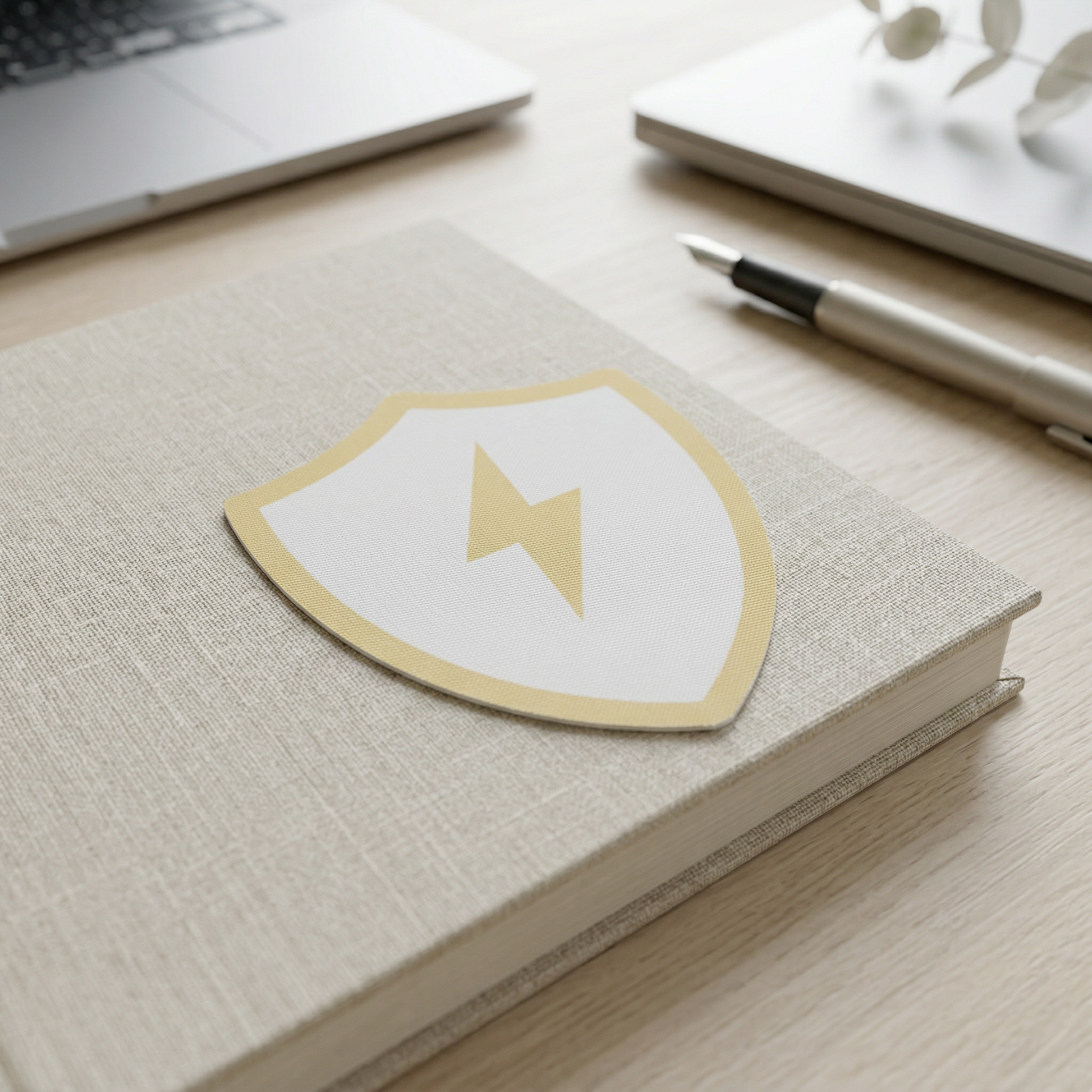 Notebook with a shield-shaped sticker featuring a lightning bolt on a desk with a laptop and pen.