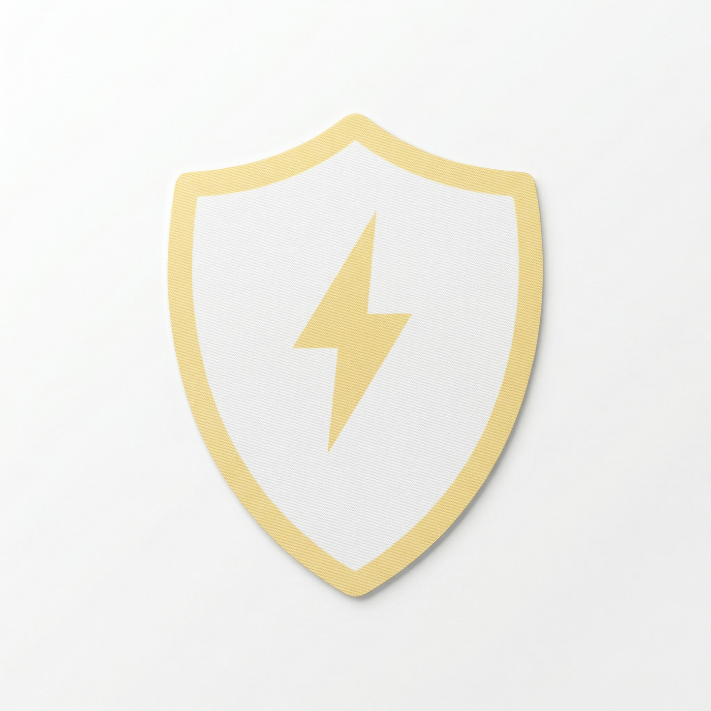 Shield-shaped logo with a yellow lightning bolt on a light gray background